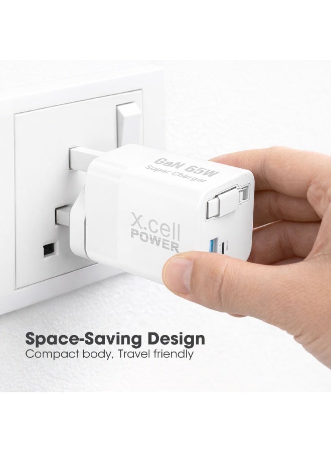 Xcell 65W GaN II USB-C Fast Charger with 65cm Retractable Cable, 3-Port Fast Charging (2 USB-C PD + USB-A QC 3.0), PPS Support, Compact Wall Charger for iPhone 16/17, Samsung & USB-C Devices, White - Image 2